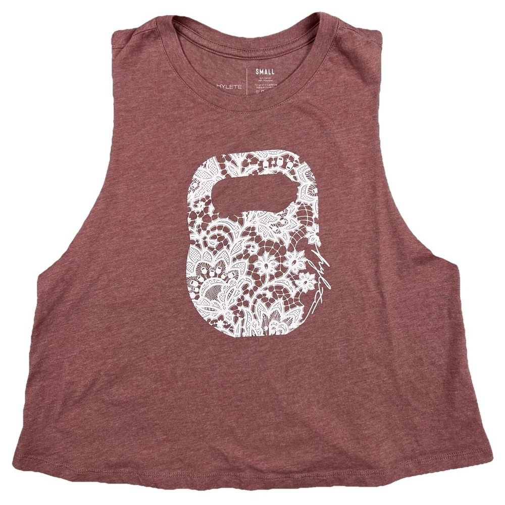 Hylete Womens Small‎ Cropped Tank Top Blush Pink White Lace Kettlebell Graphic T